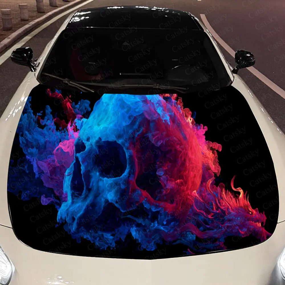 Vivid Blue - Red Flame Skull and Dragon Auto Cover Sticker, Waterproof and Self-adhesive Auto Hood Decal, Auto Vinyl Wraps, Cool