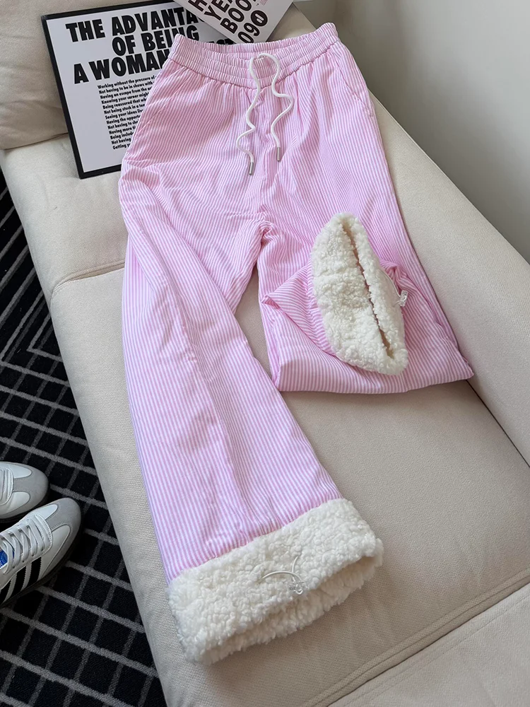

Pink Striped Lamb Velvet Pants Men Women Winter Fce Lined Warm Casual Ski Outdoor Cold Proof Snow Pants High Waist Straigh...