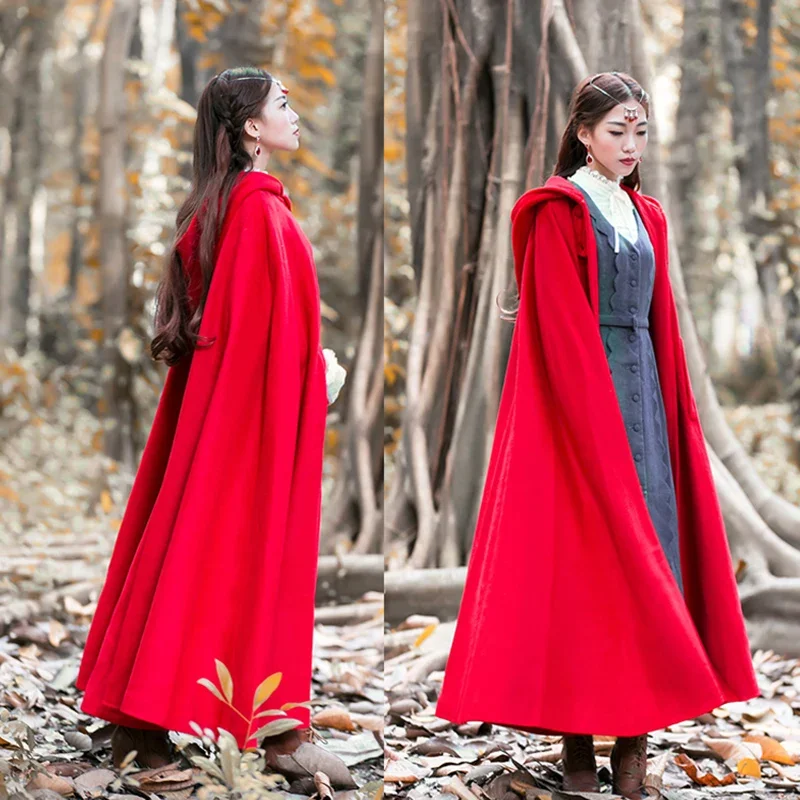 Women Punk Fashion Winter Retro Cloak  Medieval Costume Hooded Coat Long Section Code Red Cloak Warm Tops Ladies Outfit Vestidos