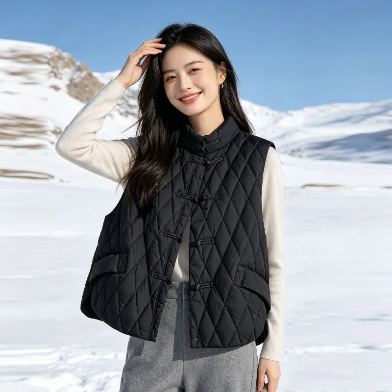 Stand Collar Short Duck Down Vest for Women Casual Winter Outerwear  Chaqueta Negra Mujer VT-379