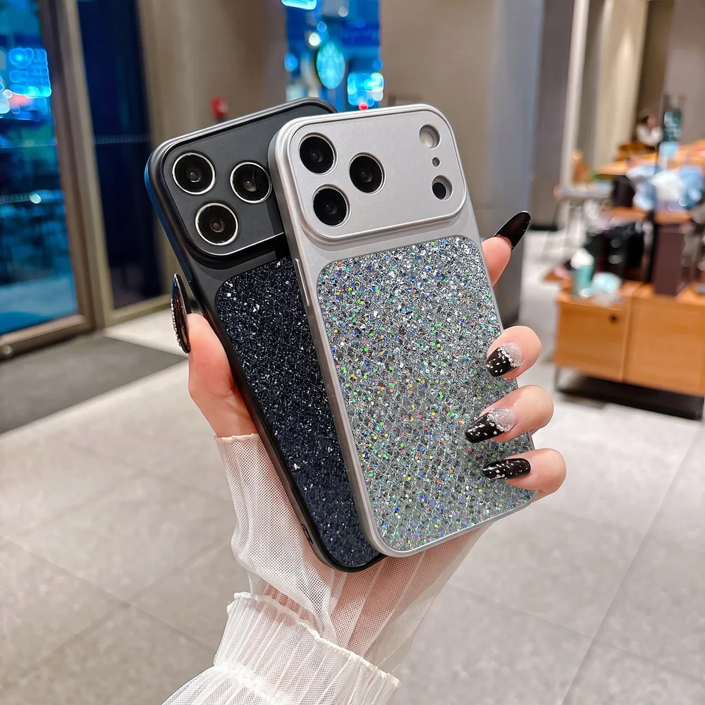 Luxury Rhombus Grid Glitter Sequin Phone Case For iPhone 18 17 Pro Max 16 15 14 13 12 11 Shiny Large Window Lens Protect Cover
