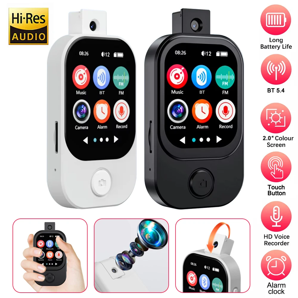 Portable Music Player BT5.4 HiFi Lossless Audio MP4 Walkman Touch Screen Built-in Speaker Recorder Camera Video Player FM E-book