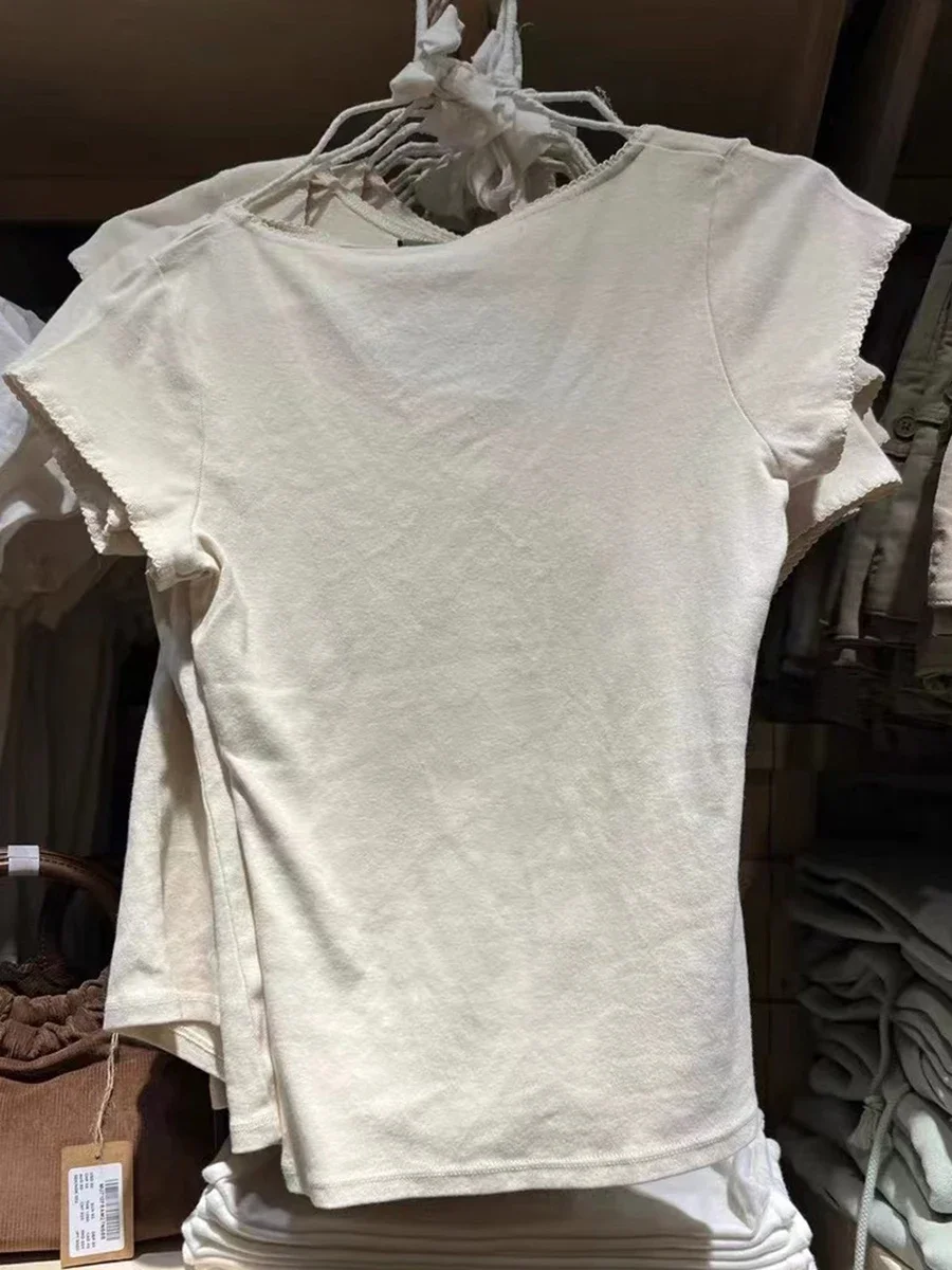 Stitching Solid Vintage Slim T-Shirt Summer V Neck Streetwear Cotton Top  Femme Sweet Cute Y2k Simple Tee Tops Woman Clothes
