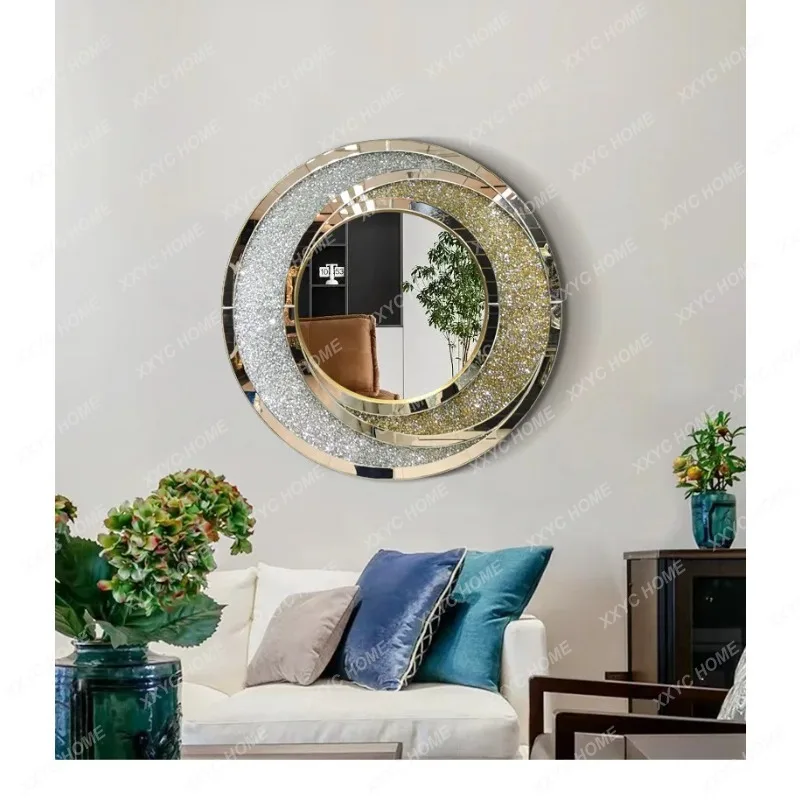 XX Light luxury diamond-set round art mirror living room entrance wall-mounted decorative mirror  bathroom mirror