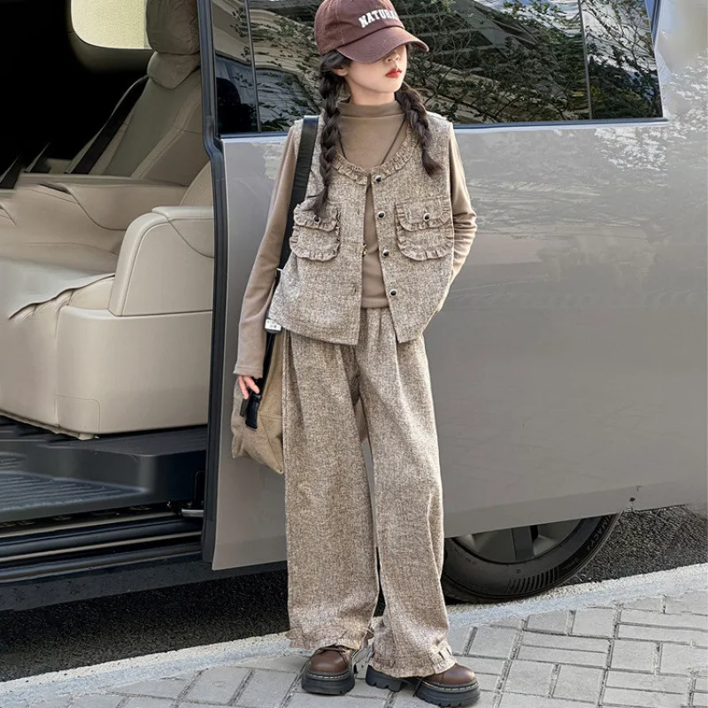 French Teen Girls Clothes Set Autumn Lotus leaf edge vest+top t-shirt+Lace wide leg pants 3pcs junior kids suit child outfits