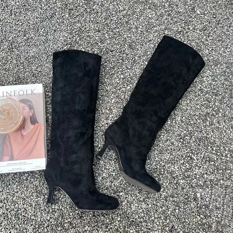 Square toe suede high heels, knee length slim heels, plus size ankle sleeves, fashionable long boots for women, new style