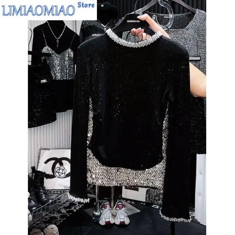 

Luxury Design Shiny Beading Beaded Long Sleeves T-shirts Women Slim Fit Tops Autumn Winter Tees High-end Outerwear Tshirt Chic
