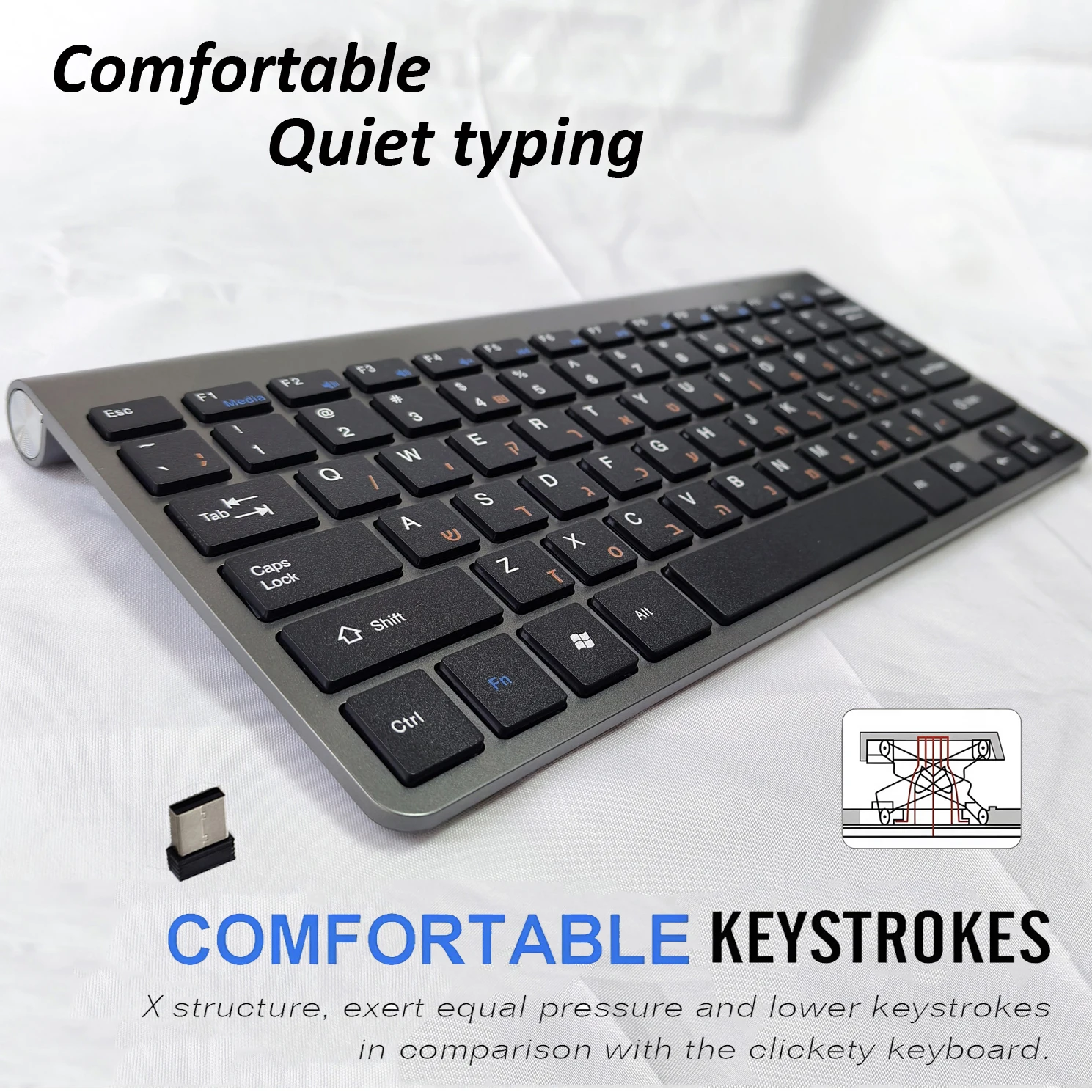 Portable Compact English Hebrew Orange Characters 2.4G Wireless Keyboard Ultra Slim Power Saving for Windows Desktop PC Laptop