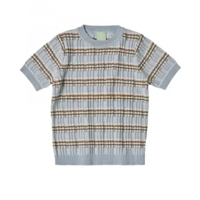 In Stock!2024SS New Kids Boys Girls Knit Striped Round Neck Solid Color Short Sleeve T-shirt Shorts Suspenders Pants