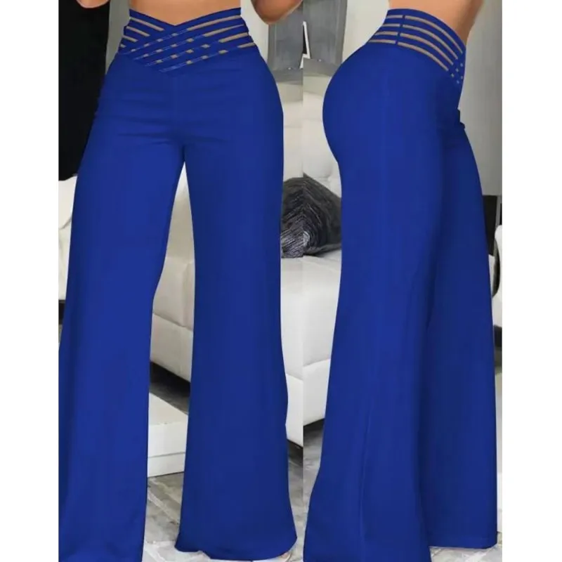 Women Solid Flared Pants Elegant Office Casual High Waist Trousers Spring Summer Crisscross Sheer Mesh Patch Slim Wide Leg Pant