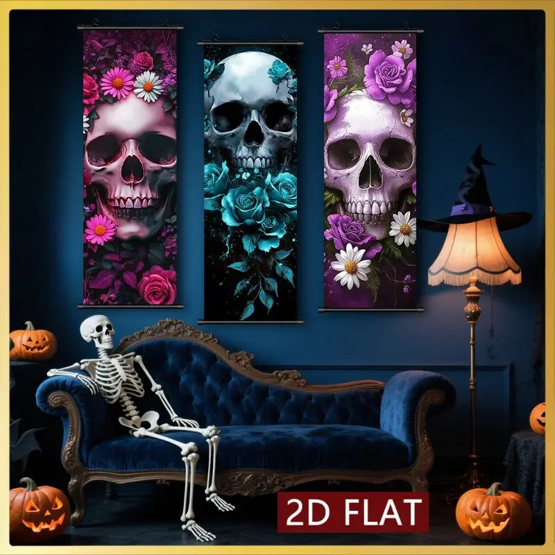 VIKAMA Gothic Skull Floral Wall Tapestry Pink Blue Purple Daisy Rose Moody Scroll Art Home Decor Lightweight Soft Durable Cozy