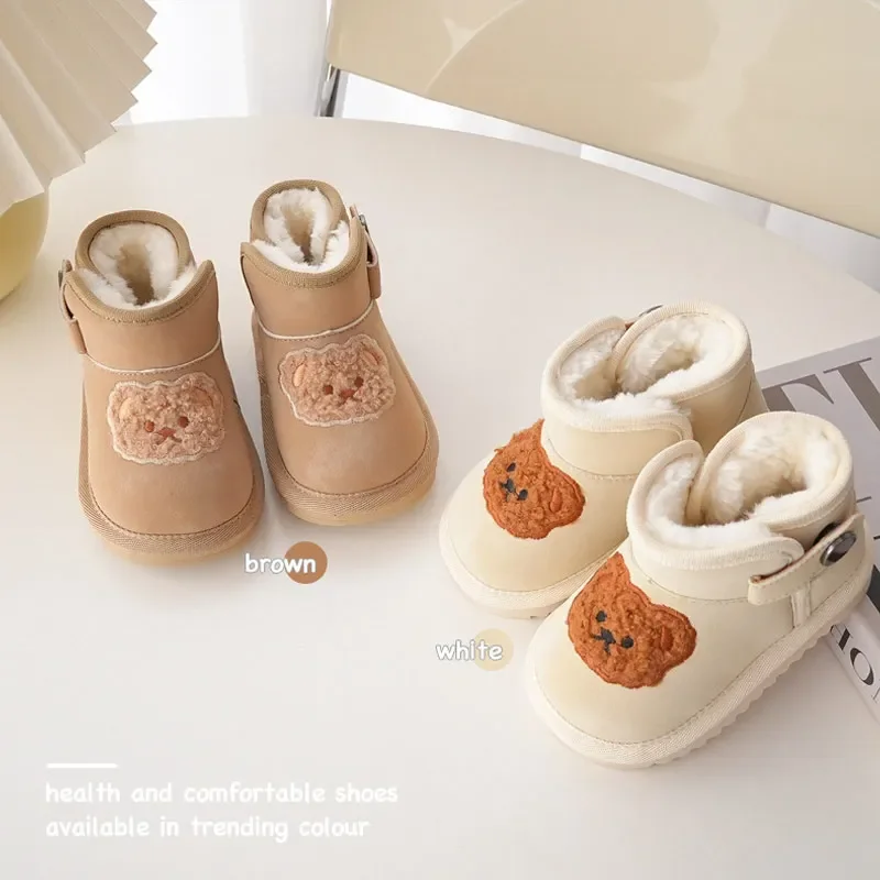 Children Shoes Girl's Bear Embroidery Warm Plush Winter Infant Boots Boy's Soft Sole Non-slip Toddler Shoes Size 17-28