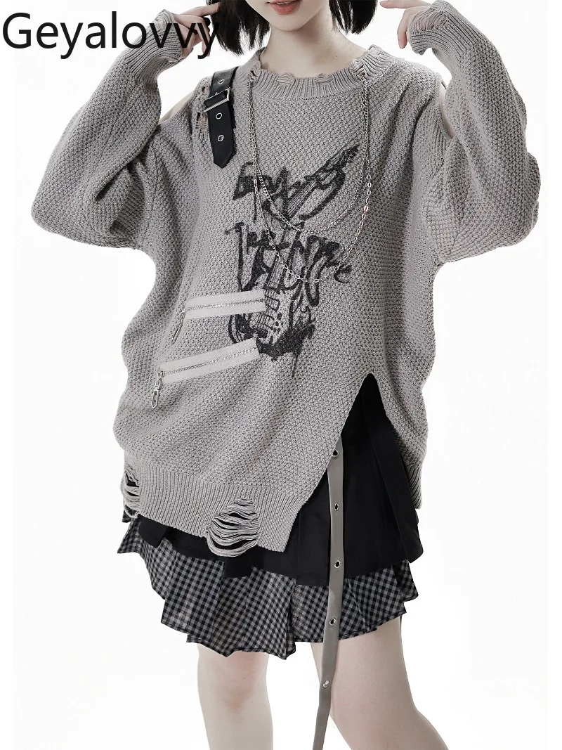 

Black Gray Irregular Design Coarse Knit Pullover Autumn Winter Loose Outerwear Sweater Plaid Matching Short Skirt Long Pants Set
