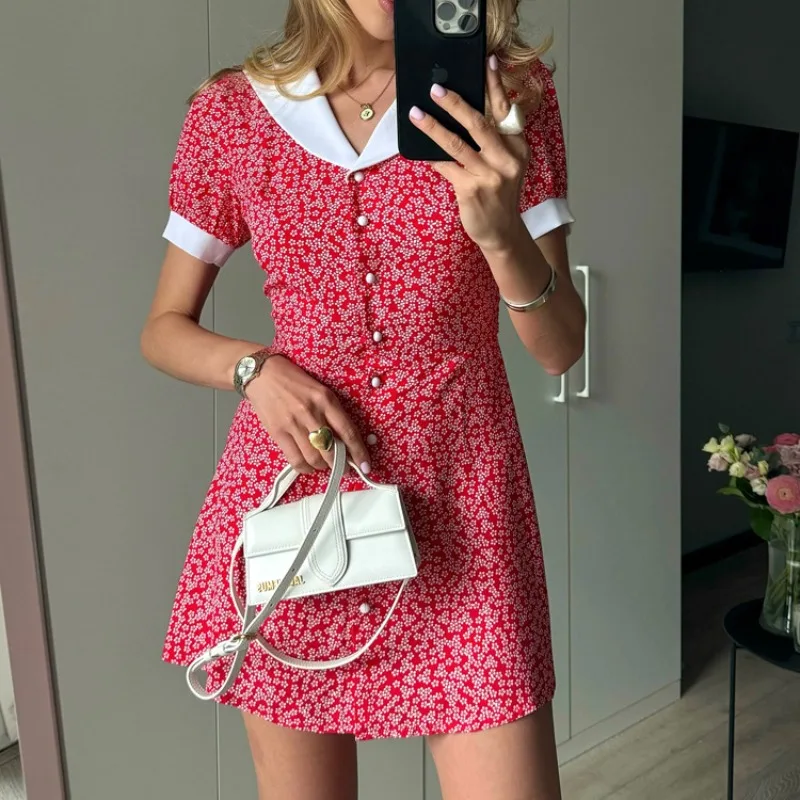 Französischer Stil Blumendruck Bodycon Minikleid Vintage Damen Peter-Pan-Kragen Kurzarm Knopfleiste Lässiges Sommerkleid – Detail 10