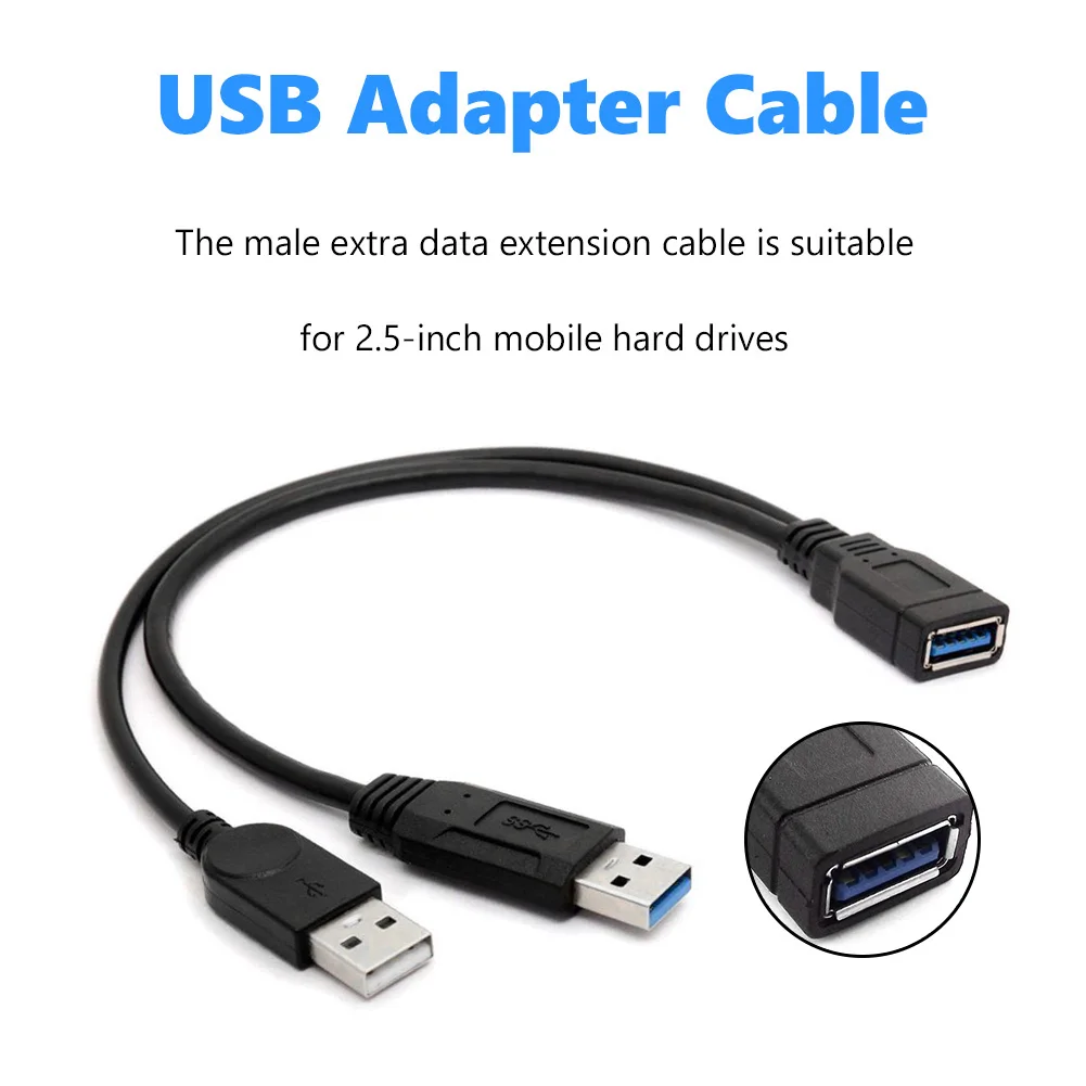 USB 3.0 fêmea para duplo USB tipo A macho cabo de extensão de dados de energia extra Y preto