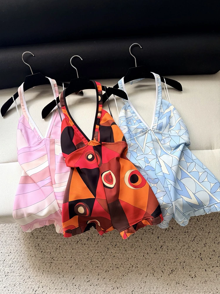 Summer Fashion Outdoors Beach Resort Geometric Printing Sexy One-piece Swimming Suit Women's Hang One's Neck Slim Playsuits