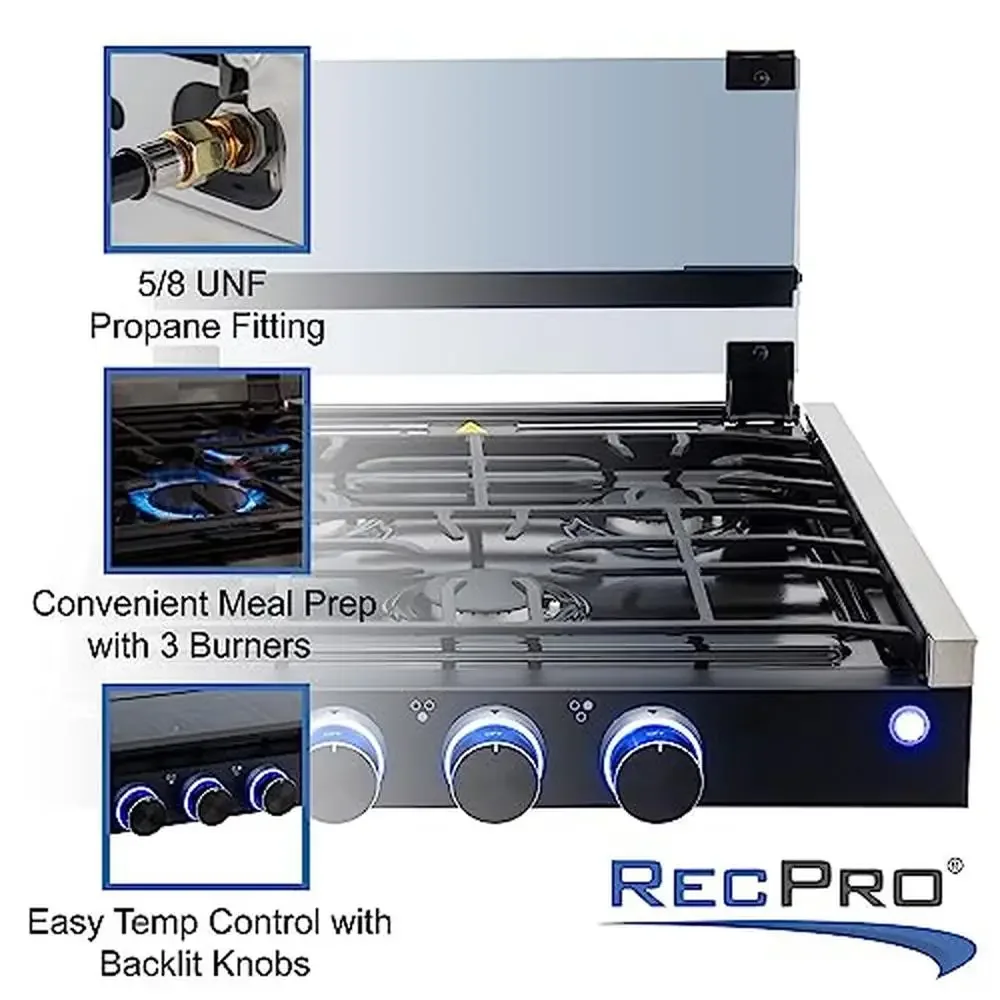 RV Gas Cooktop Stove 2 or 3 Burner 6,500 & 8,000 BTU BTU Burners Black Cover Included Built-In Durable Aluminum Knobs Convenient