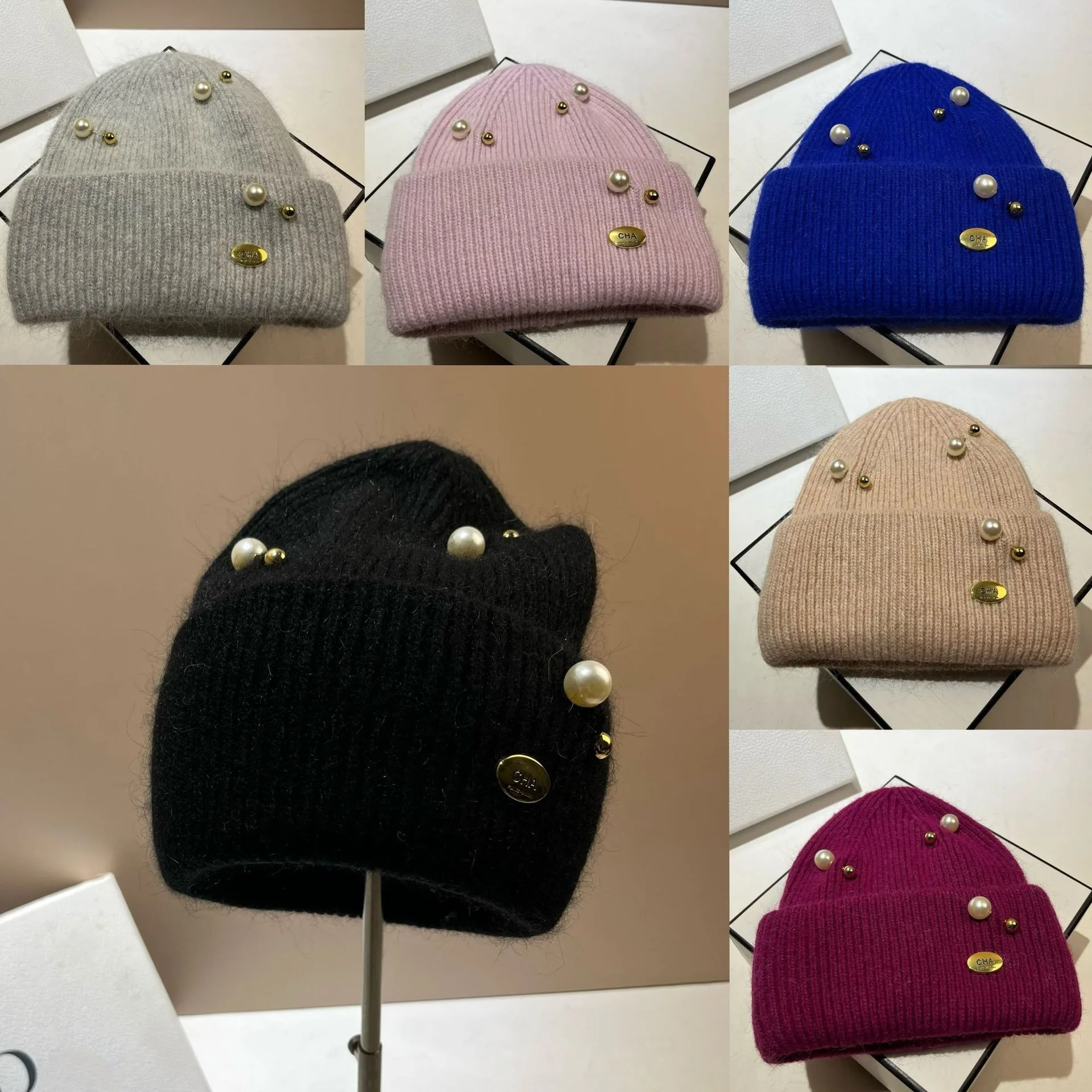 Designer Pearls Brooch Knitted Hat Women Luxury Metal Logo Wool Skullies Beanies Real Rabbit Fur Lady Warm Walking Bonnet Beanie