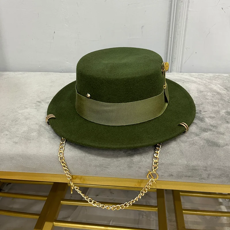 European and American fedora  hats woollen hats catwalk hats French wool felt hats Chain Strap Felt Canotier Hat