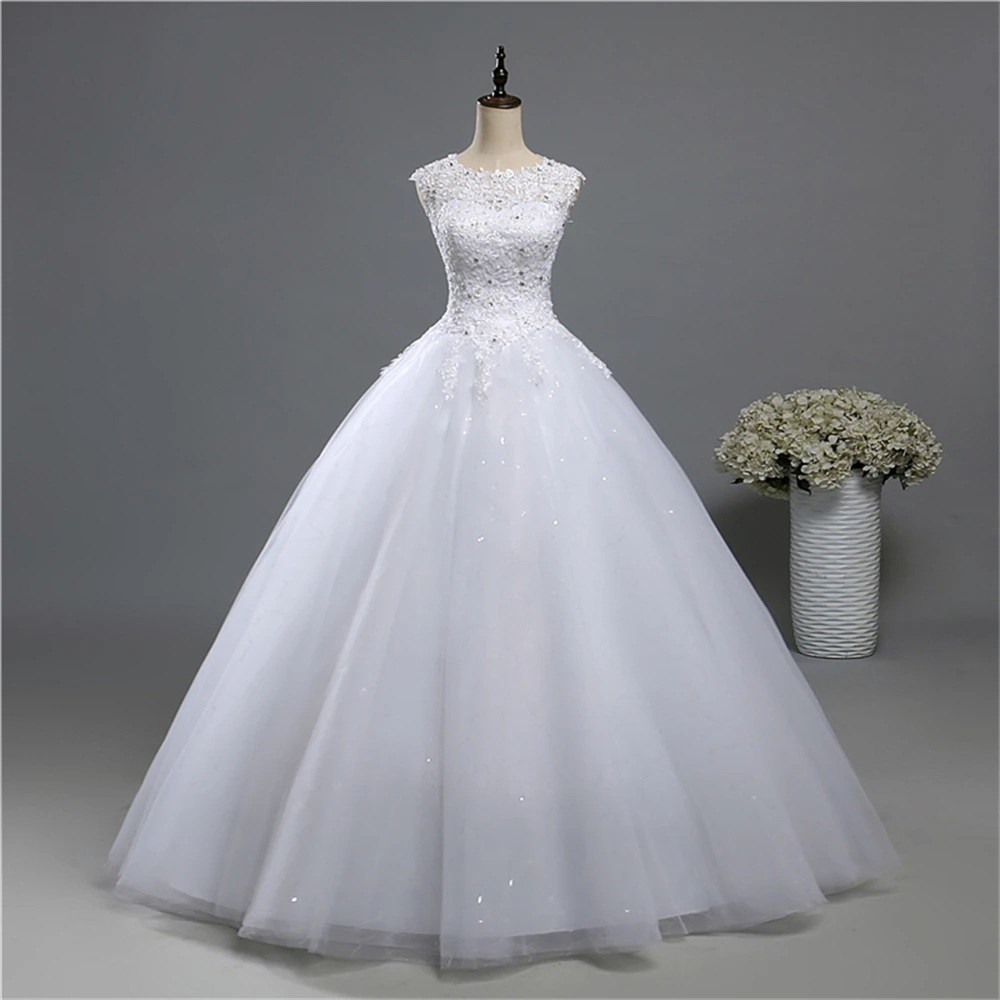 ZJ9139 O Neck A Line Lace Wedding Dresses Elegant Appliques Beads and sequins Bride Dress Stock Gown Plus Size