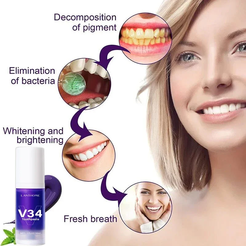 Dentes V34 branqueamento creme dental, remover manchas de placa, higiene dental, hálito fresco, ferramentas de cuidados dentários