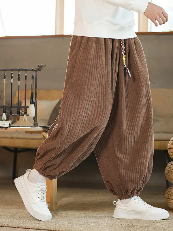 

Men's Corduroy Lantern Pants Autumn Winter Thickened Loose Wide Leg Harlan Trousers Anti-Wrinkle Polyester Fiber Chinese Style