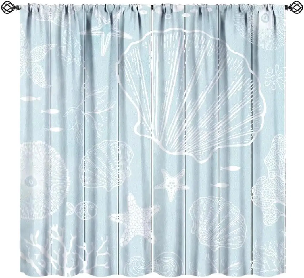 Light Blue Wood Seashell Curtain 2 Panels White Line Marine Pattern Inn Room Gentle Summer Coastal Bedroom Home Curtains
