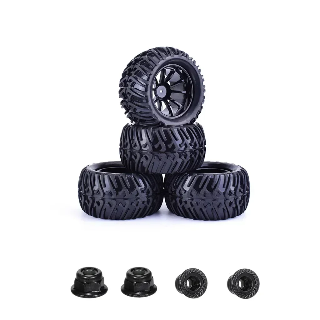 4 Uds. De neumáticos y llantas de goma de 125mm 1/10 RC Monster Truck, hexagonales de 12mm con tuercas de seguridad de nailon de 4mm para Trxs Himoto HSP HPI Redcat