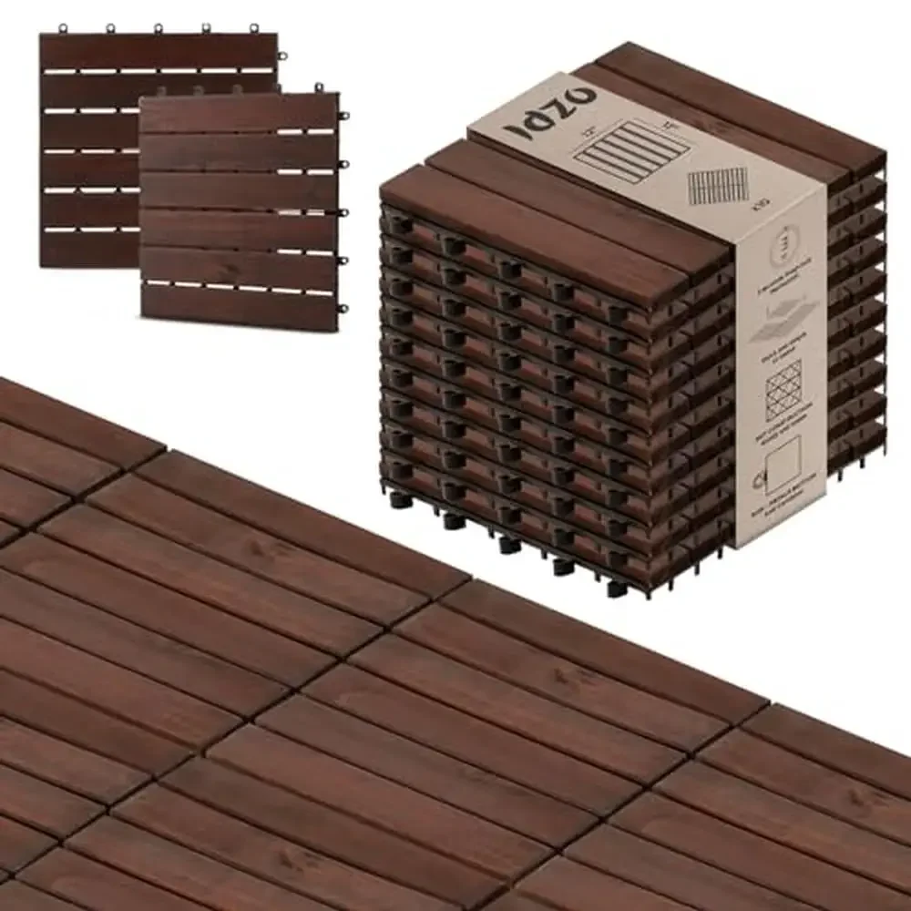 

Interlocking Acacia Wood Deck Tiles 10PCS Waterproof Patio Flooring Indoor & Outdoor Decking Dark Brown Stripe Easy Snap-lock