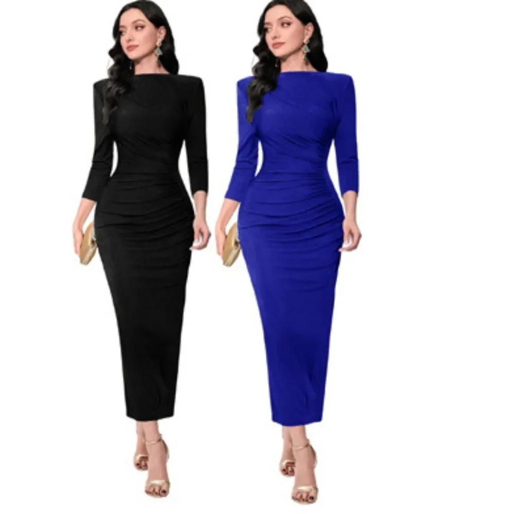 Solid Color Party Long Dress Long Sleeve Package Hip Slim Folds Maxi Dresses For Women Elegant Vestidos