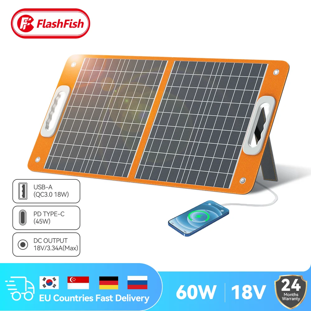 Flashfish Foldable Solar Panel 60W 18V Portable Solar Charger with DC Output USB-C QC3.0 for Phones Tablets Van RV Trip Camping