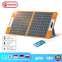 Flashfish-składany Panel słoneczny 60W 18V, przenośna ładowarka solarna z wyjściem DC USB-C QC3.0 do telefonów i tabletów, vanów, kamperów, podróży