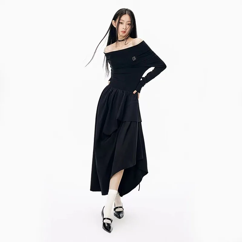 Slim Slash Neck Black Dress Women Y2K Fall Korean Sexy Off Shoulder Long Sleeve Irregular Dress Elegant All Match Party Vestidos