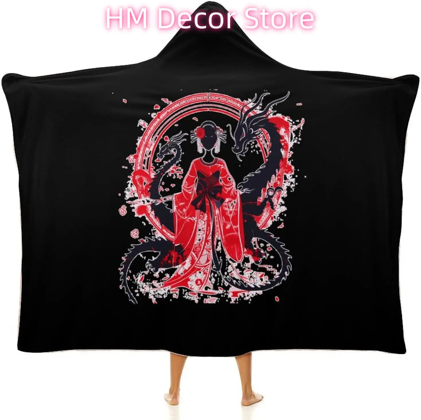 Japanese Geisha Wearable Hooded Blanket Warm Cozy Blanket Wrap Oversized Throw Cape