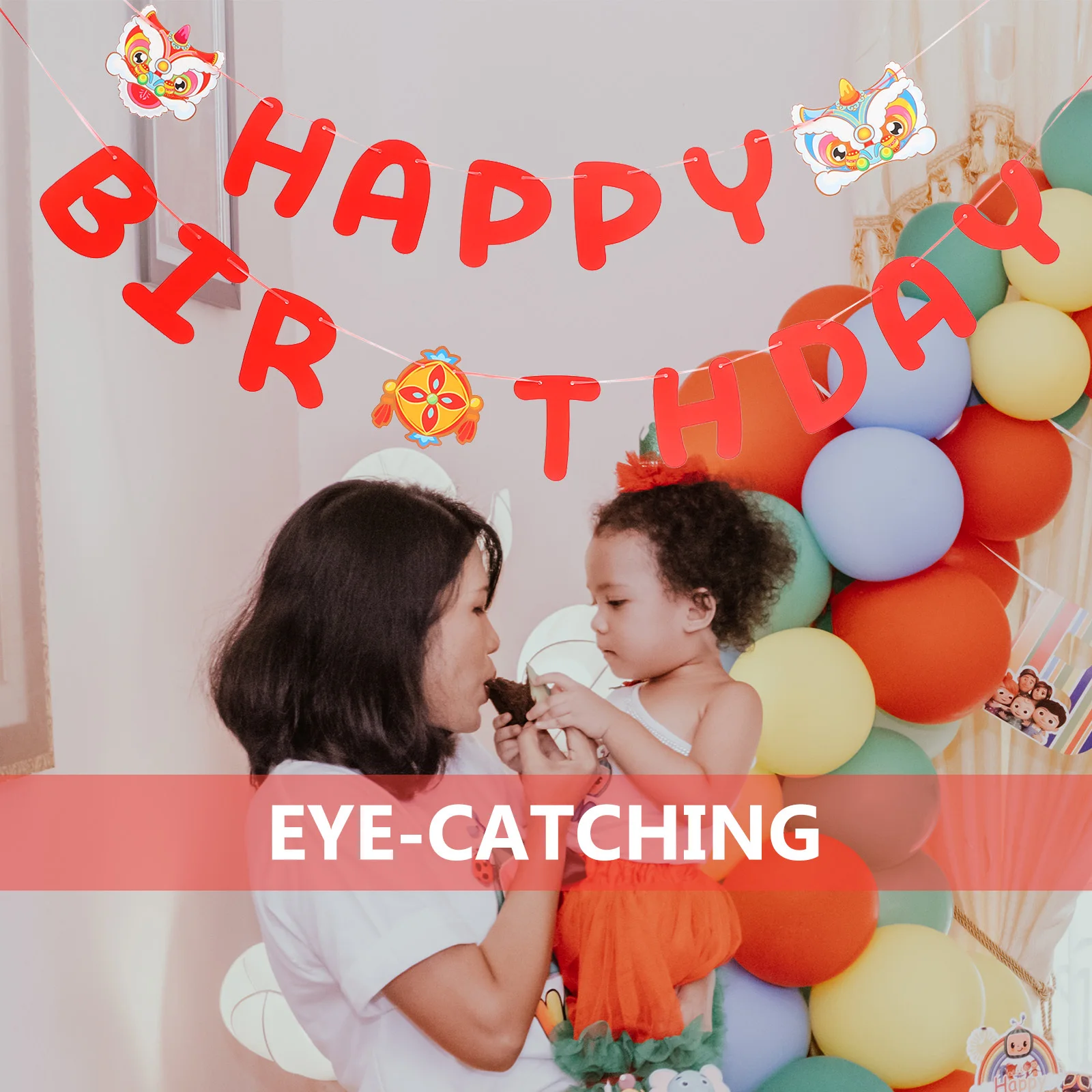 1 Set Of Letter Bunting Chinese Style Dancing Lion Pattern Durable Party Decoration For Baby'S First Birthday Colorful Hanging