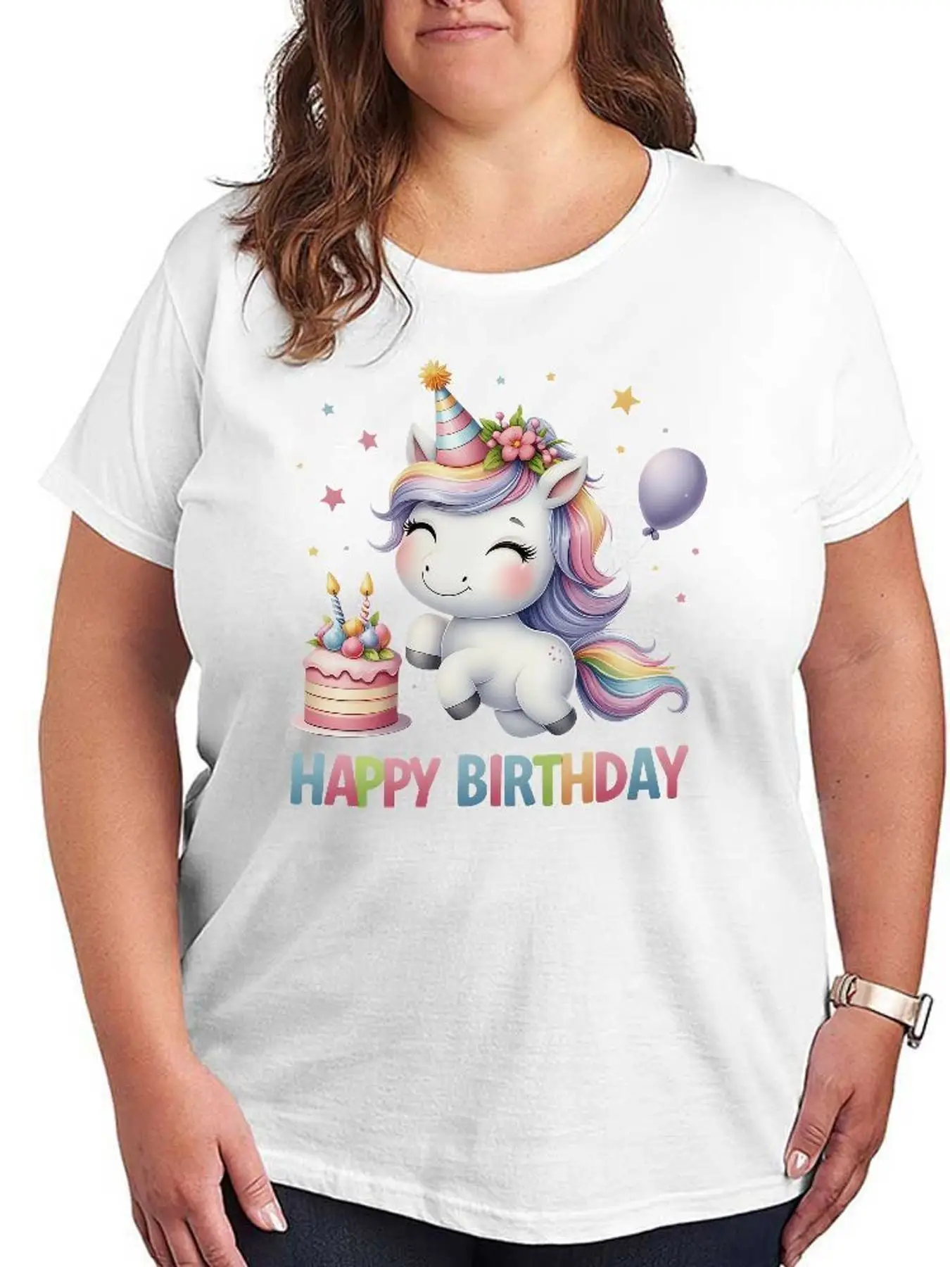 Cute Unicorn Happy Birthday Graphic T Shirt Women Fashion Short Sleeve Stretchy Plus Size Casual Summer Tops Tee Clothes