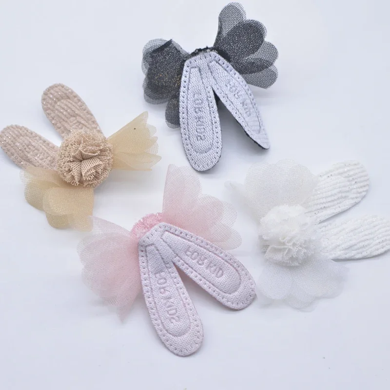 10Pcs Rabbit Ear with Chiffon Ball for DIY Clothes Socks Gloves Shoes Patch Fabric Sewing Applique Headwear Hat Hair Clips Decor