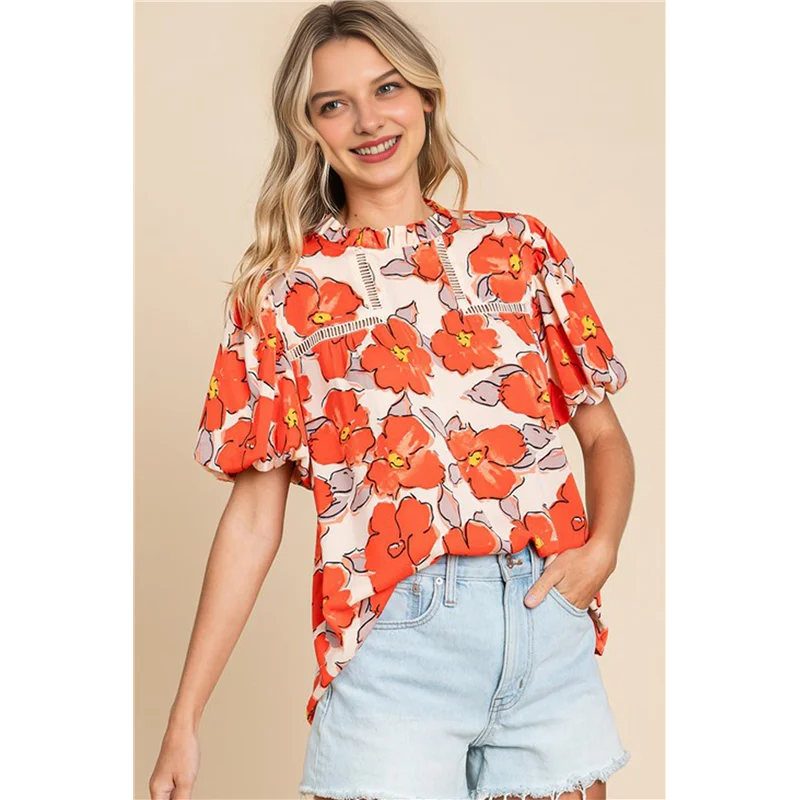 

ABRT-Women's Summer Shirt Crew Neck Floral Puff Short Sleeve Casual Loose Fit Beach Top