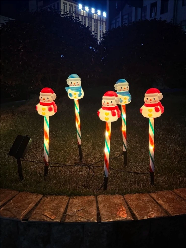 Solar Christmas Snowman Candy Lights 1 in 5 Outdoor Garden Stake Lights Warm White 8 Modes Yard Lawn Path  Holiday Decorations