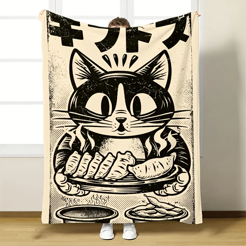 Super Soft Kawaii Cat Illustration Throw Blanket 150x200cm Japanese Anime Style Bed Cozy Home Decor Winter Gift