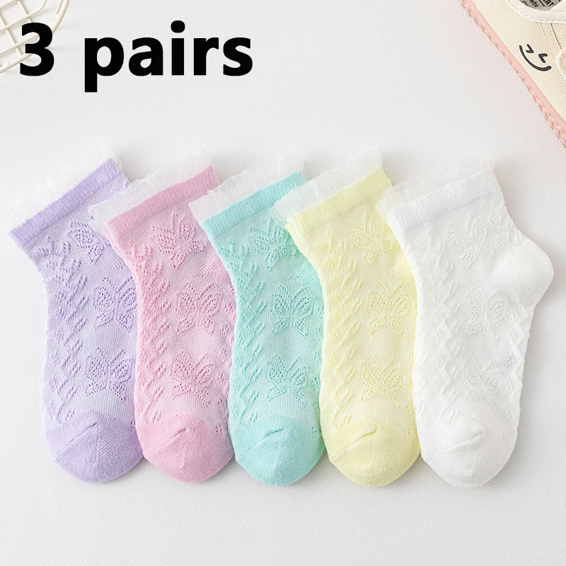 3 pairs of children\'s socks summer cartoon cute breathable jacquard girl tube socks cute and comfortable mesh socks summer