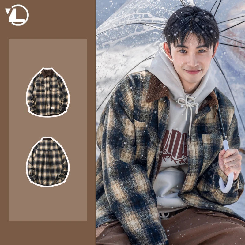 Winter Lamb Wool Lapel Cotton Jacket Mens Japanese High Street Couple Plaid Short Parkas Thickening Warm Color Block Coats New