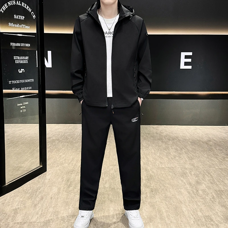 

Spor Spring Autumn Men's Casual Jaet Two-Piece Set Long Sve Versatile Trendy Hooded Faionable Polyester Fiber