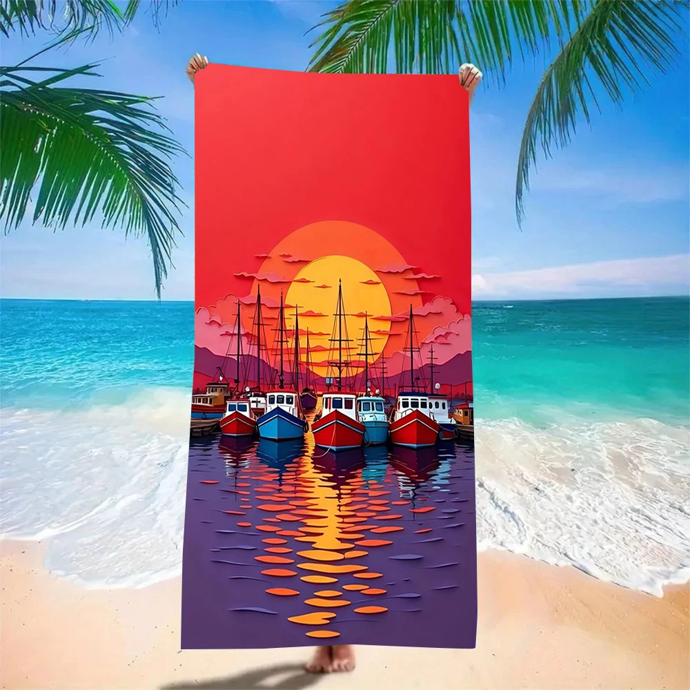 Toalla de playa con estampado de barco de pesca al atardecer en la costa, toalla de baño de secado rápido a prueba de arena para playa, piscina, camping, uso diario