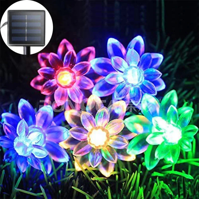 Lotus Solar Flower String Lights Outdoor Waterproof Cherry Blossom String Light 8 Modes Fairy Light for Patio Garden Party Decor