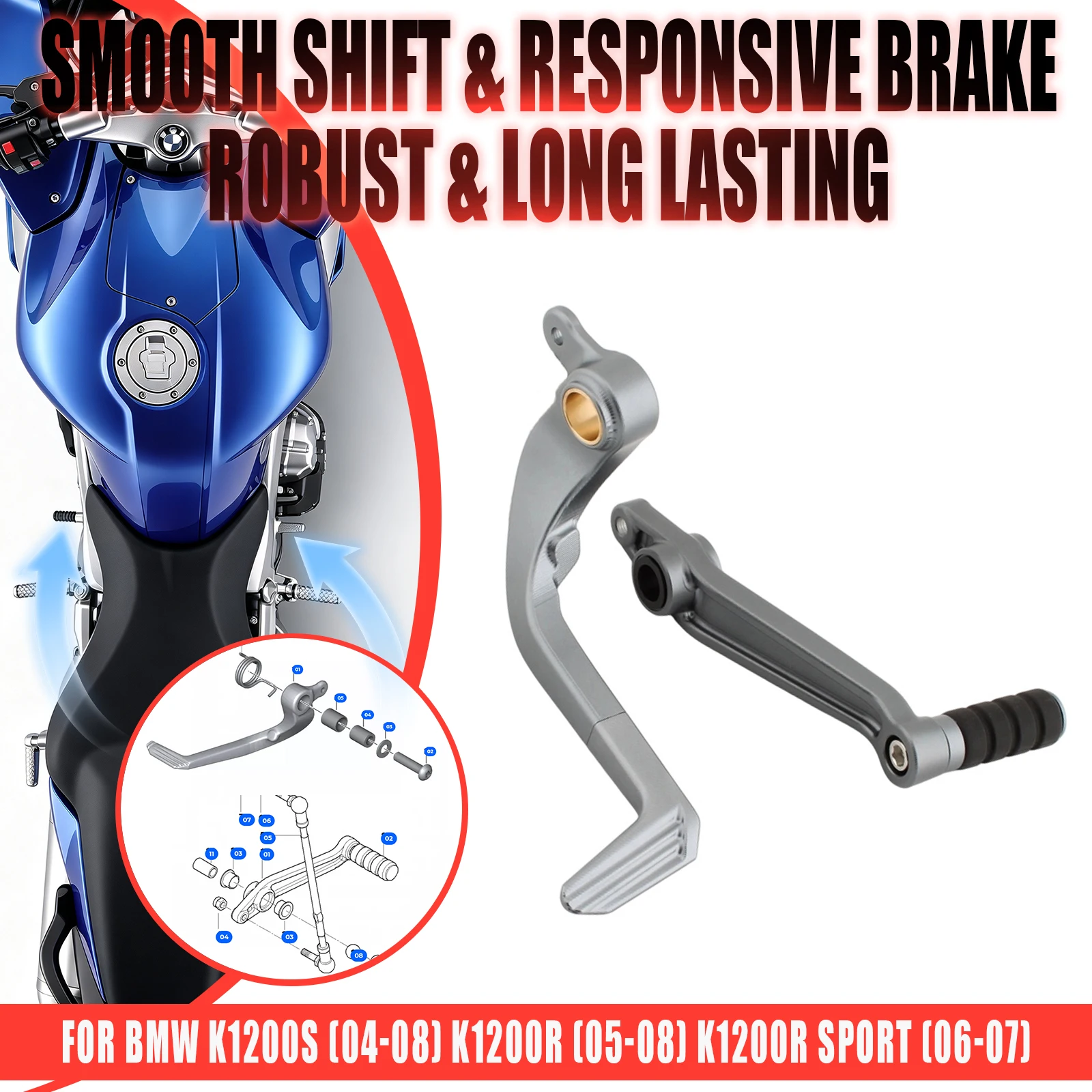 For BMW K1200S K1200R Sport Upgrade to CNC Aluminum Motorcycle Gear Shift Lever And Rear Foot Brake Pedal Lever Arm