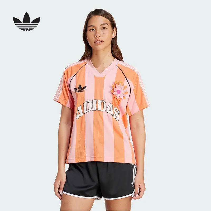 camiseta-adidas-clover-con-cuello-en-v-camiseta-de-verano-para-mujer-de-punto-con-tres-rayas-y-flores-manga-corta-kc0673
