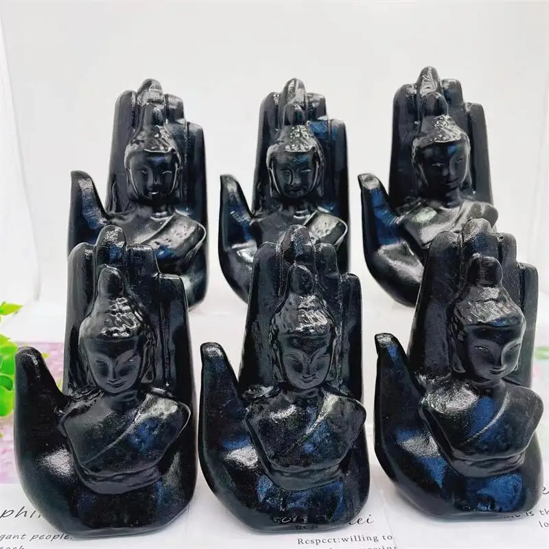 

11CM Natural Black Obsidian Palm Buddha Carving Figurine Ornament Healing Feng Shui Craft Home Decoration Stone 1pcs