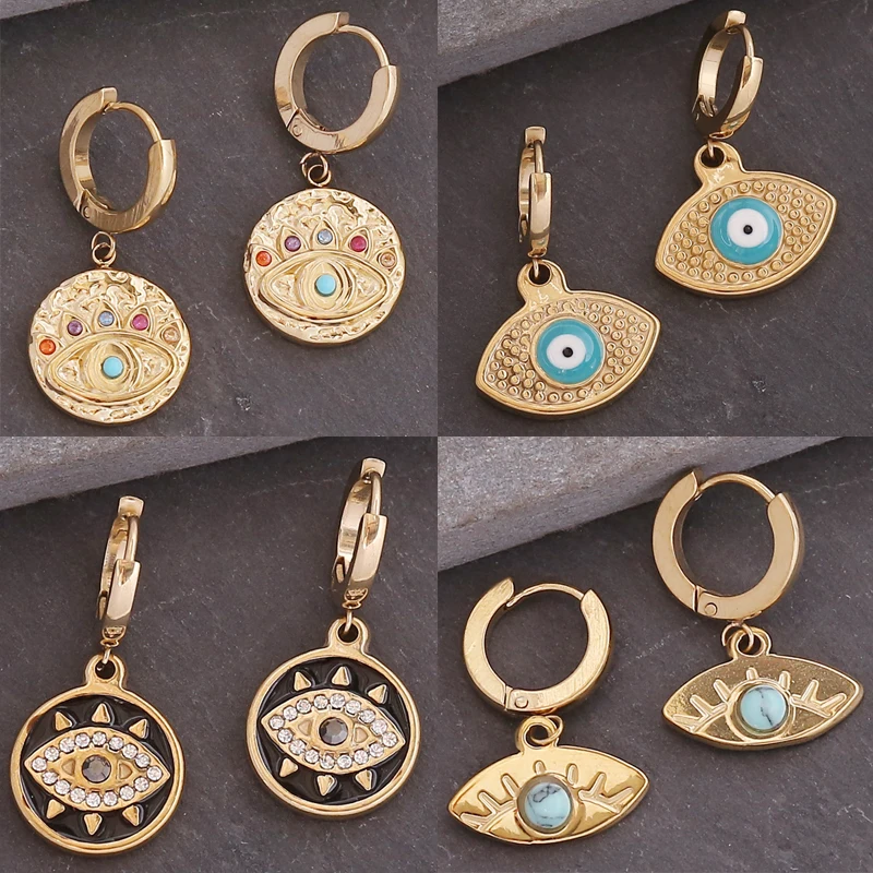 

Stainless Steel Zircon Demon Eyes Hoop Earrings For Women Gold Plated Turkish Evil Eyes Drop Earrings Luxury Party Jewelry Gifts