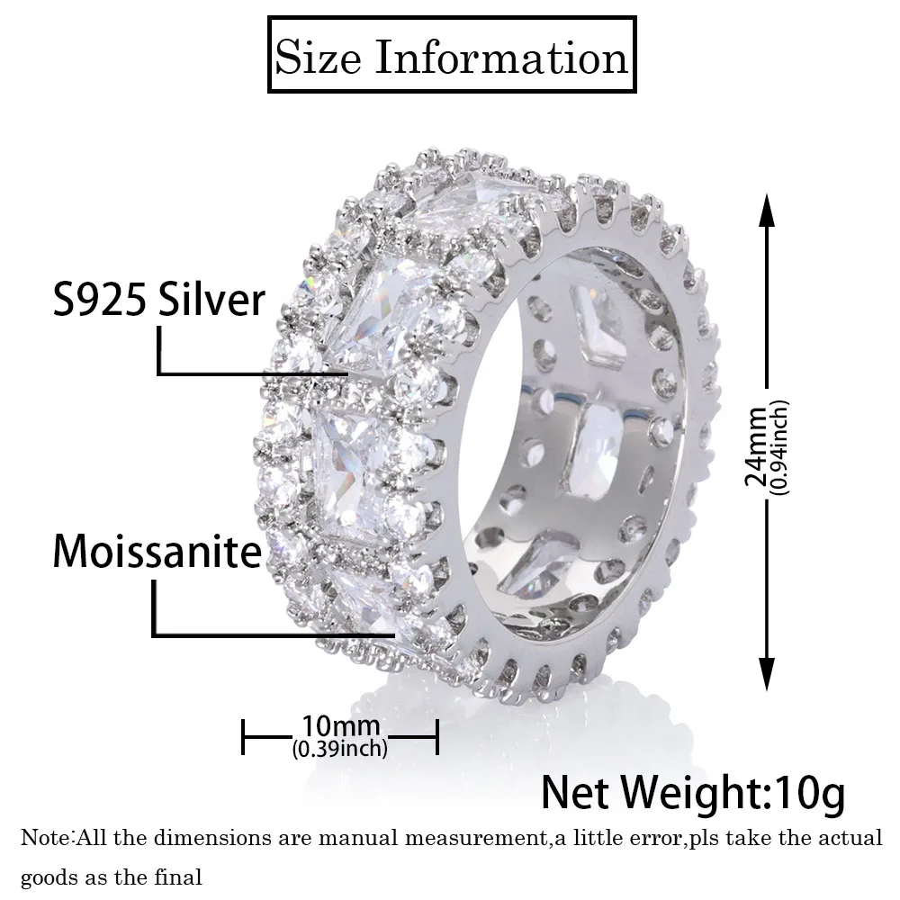 Hip Hop Jewelry 925 Sterling Silver Three Row Diamond Eternal Chilled Micro Paving Fork Men's And Women's Inlaid Rings